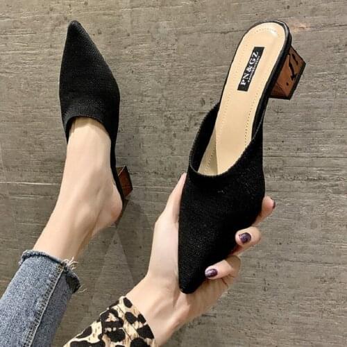 Knitted Baotou ladies slippers 2021 spring new wild mid-heel half slippers fashion temperament large size 40 womens shoes