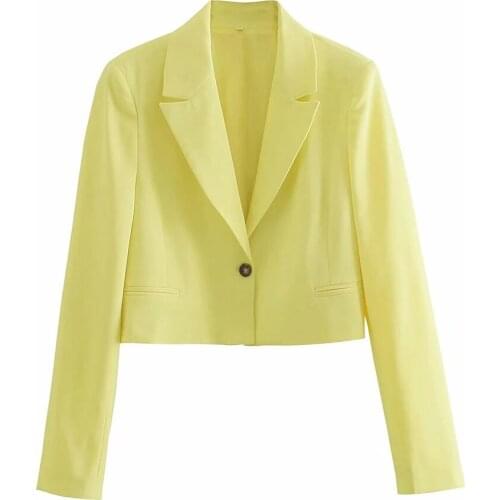 Women Solid Yellow Turn-down Collar Single Button Loose Short Coat Female Long Sleeve Office Lady Blazers Ladies Streetwear Coat