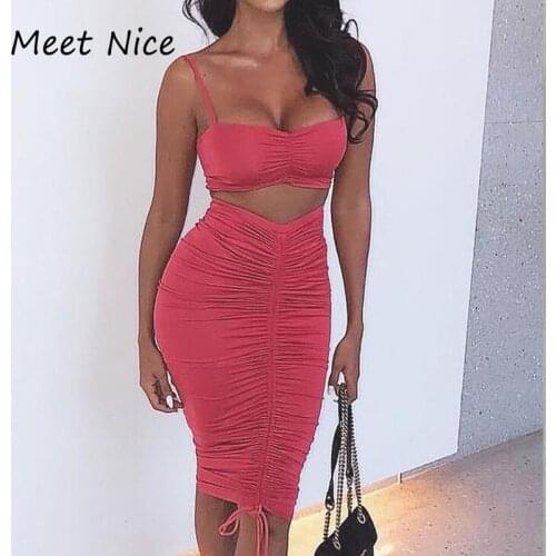 2 Two Piece Set Black White Pleated Outfits Set Crop Top And Mini Skirt Set Summer Party Wear Sexy Ruched Two Piece Outfits