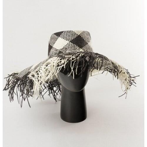 202008-HH7428 black patchwork white handmade paper geometry plaid tassels holiday lady sun cap women beach leisure hat