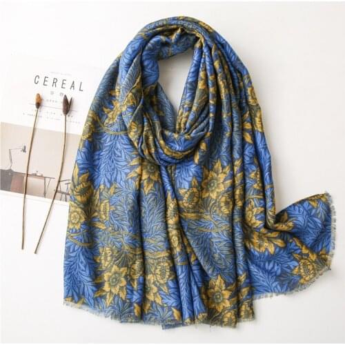 2021 Antumn Cotton Feeling Women Shawl Scarf Blue Yellow Flower Printed Large Head Wraps 190x90cm Soft Pashmina Foulards