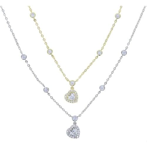 2021 High Quality Cubic Zirconia White CZ Sparking Bling Jewelry Heart Shaped Charm CZ Station Chain Necklace