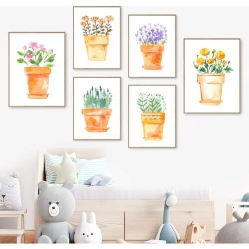 Watercolor Lavender Eustoma Flower Pot Wall Art Canvas Painting Nordic Posters And Prints Wall Pictures For Living Room Decor