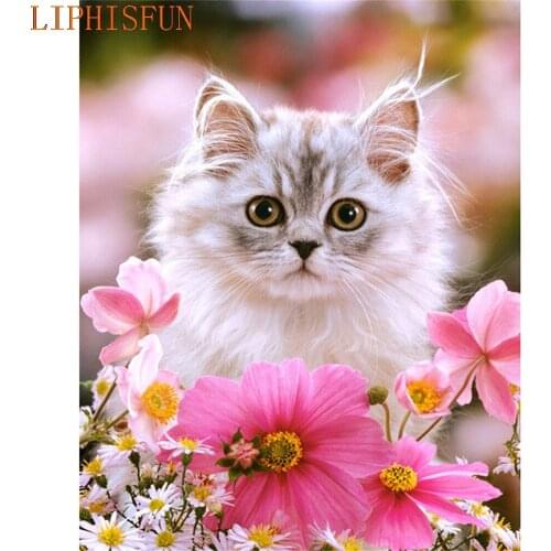Diamond Painting Cross Stitch Full Square Round Picture of Rhinestone DIY Mosaic Embroidery Kitten Pink Flower New Year Gift