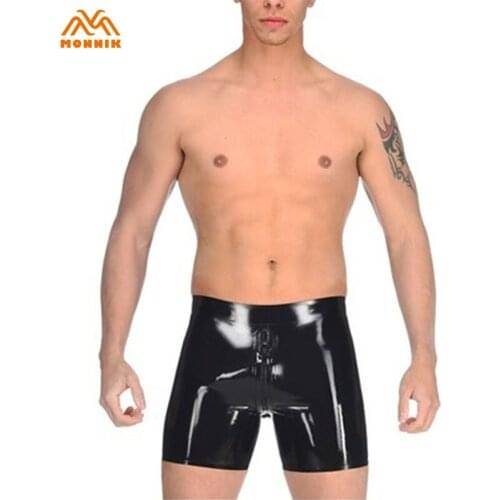 MONNIK Latex Rubber Fetish Boxer Shorts Underwear with An Attached Anal Sheath Front Zipper Handmade Tight Panties for Catsuit
