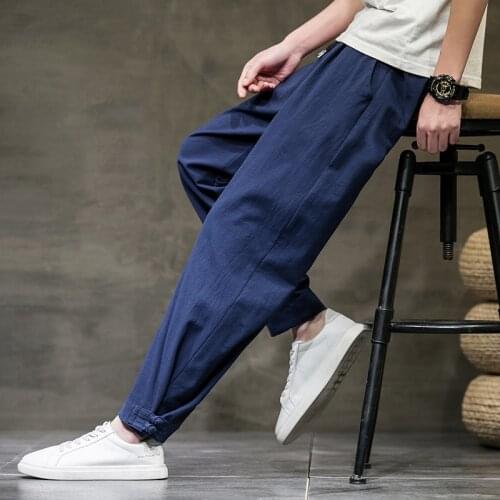 Harem Pants Male Fashion Trousers High Quality Mens Hip Hop Cotton Linen Pants Drawstring Waist Pocket Loose Pencil Pants Casual