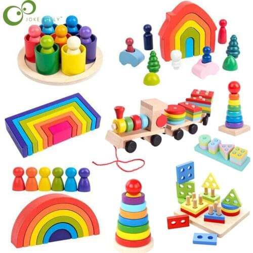 DIY Wooden Rainbow Block Wood Stacking Toys Grimms Rainbow Building Blocks Montessori Eductaional Toy Kids Rainbow Stacker YJN