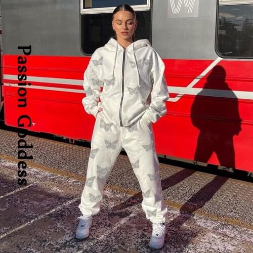 Autumn Women 2 Piece Hot Drilling Butterfly Tracksuits Zipper Hoodies Sweatshirts Harem Pants Diamonds Loose Two Piece Outfits