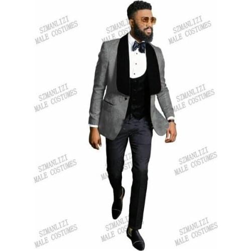 2021 Tailor-Made Wedding Men Suits Slim Fit Tuxedo 3 Pieces Suits For Men Groom Prom Grey Jacquard Blazer Terno Masculino Suits