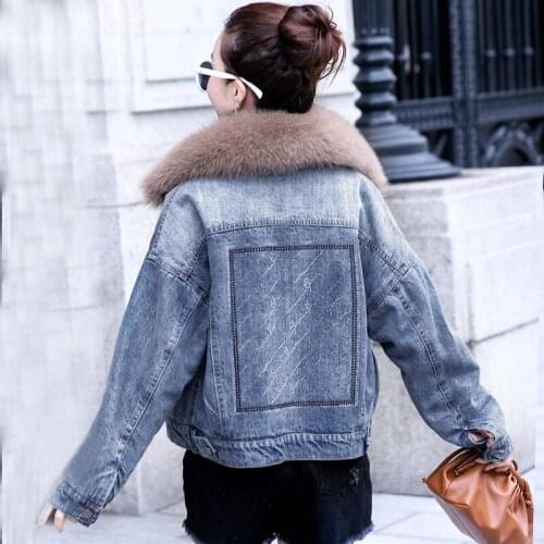 Real Fox fur thick warm denim parkas female winter fashion beading real rabbit fur liner detachable fur padded warm coat F466