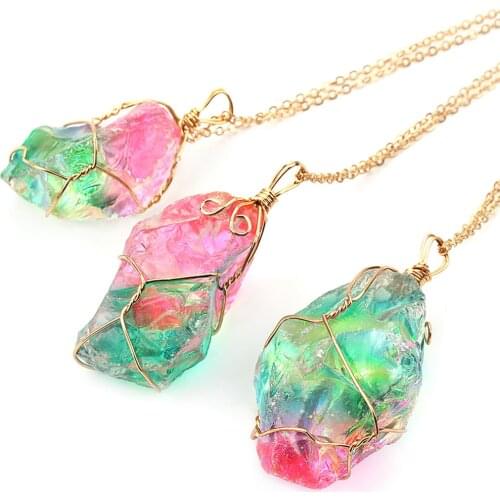 Natural Crystal Irregular Colorful Rainbow Stone Quartz Gold Plated Chakra Rock Pendant Women Jewelry Gifts Home Decor Crafts