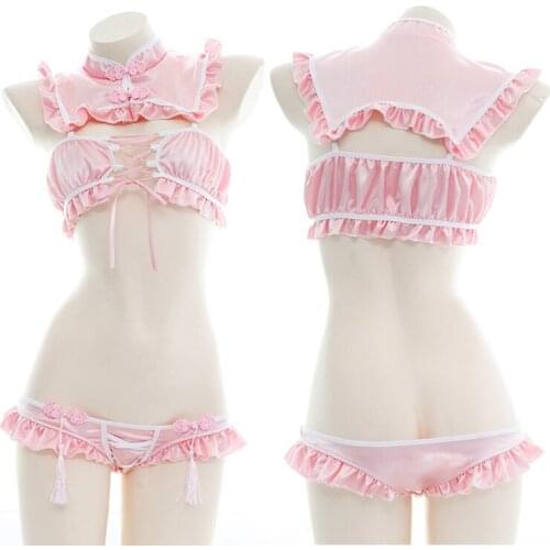 New Open Chest Strap Ruffle Sexy Underwear Retro Sweet Split Chinese Cheongsam Pajamas Maid Cosplay Costume Womens Suit