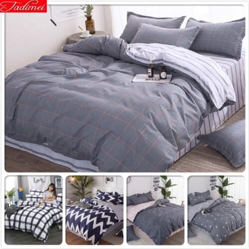 Solid Pure Color Plaid Grey 3/4 pcs Bedding Set Kids Child Soft Cotton Bed Linen Single Full Double Queen King Size Duvet Cover