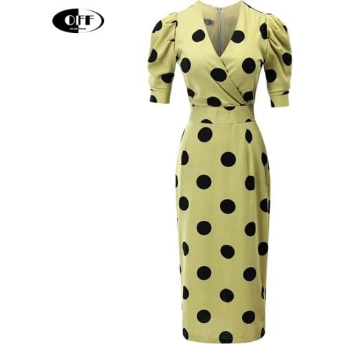 Polka Dot mid-long dress summer elegant V-neck short sleeve bodycon slim ladies vintage office work Korean dresses for women