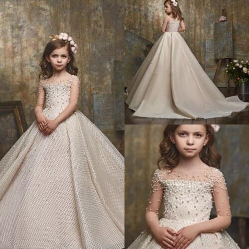 Luxury Beautiful Flowers Girls Pageant Dress Long Sleeves Beads Kids Prom Gowns Beads Ball Gown Flower Girls Dress