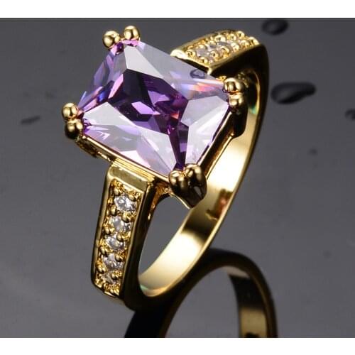 Luxury Female Purple Square Crystal Ring Big Yellow Gold Wedding Rings For Women Vintage Zircon Stone Engagement Ring