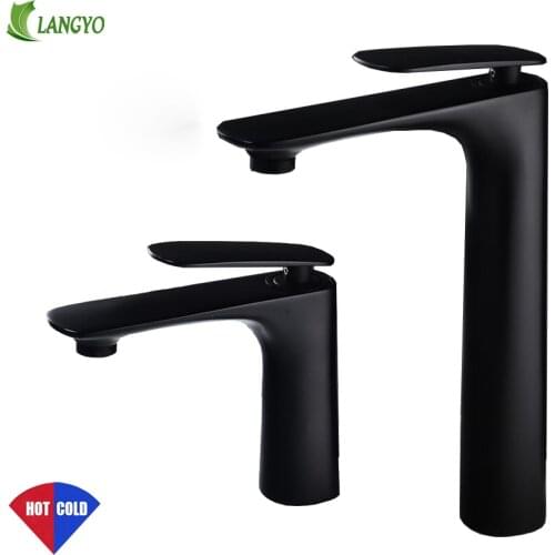 LANGYO Luxury Basin Faucet BLACK Face Single Holder Single Hole Mounted Sink Taps Cold and Hot Mixer for Bathroom Tall Basin Tap