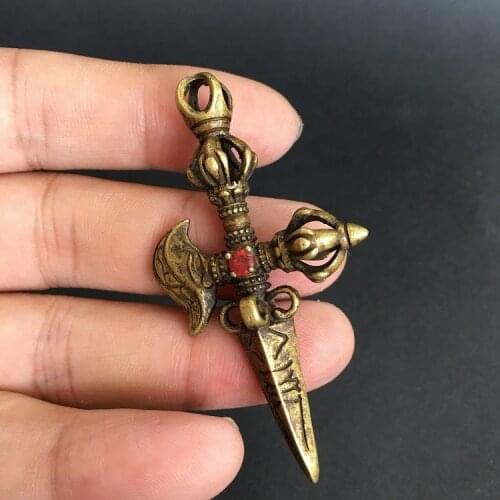 Collectable Chinese Brass Carved Buddhism Gold Copper Pestle Nepalese Buddha Cross Exquisite Small Pendant Statues