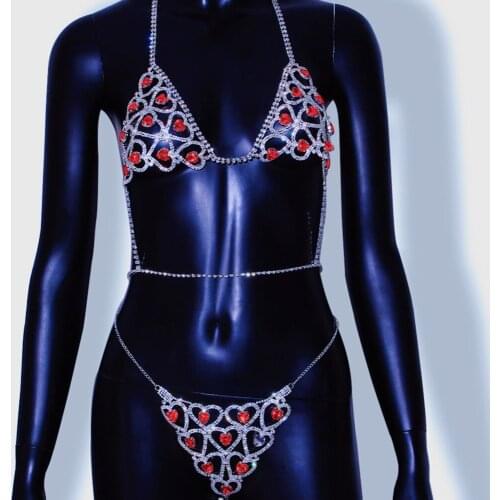 Sexy Red Heart Rhinestone Waist Body Harness Chain Bra and Thong Jewelry for Women Luxury Crystal Underwear Thong Panties Bikini