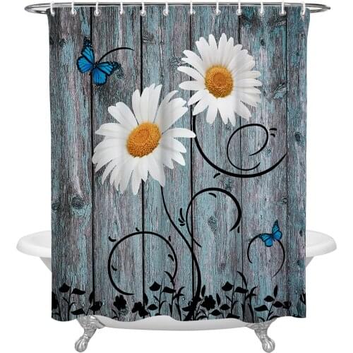 Daisy Retro Wood Grain Butterfly Shower Curtain Home Bath Decorative Waterproof Polyester Fabric Bathroom Curtain