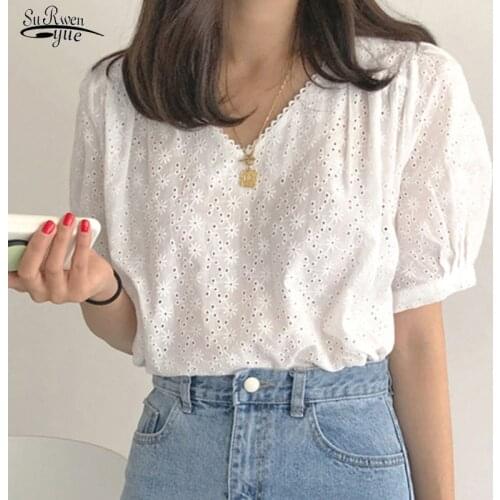 2021 Summer New Short Sleeve Hollow Out Blouse Women Pullover White Ladies Tops Clothing Casual V-Neck Floral Women Shirt 9595