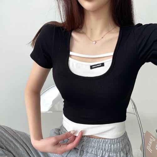 Skinny Tops Summer New Tee Shirt Female Clothes Sexy Tshirts Fake Two Patchwork t Shirt Women Round Neck Black Thin Short Sleeve