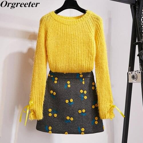 Knitwear Suits for Women Autumn Winter New Solid Mohair Pullover Jumpers Tops +Cherry Embroidery Woolen Skirt Two piece set