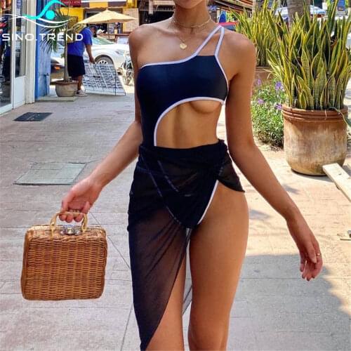 New Sexy Asymmetrical Tummy Cut Out One Piece Swimsuit Women Black Swimwear Female Padded With Sarong Bather Bathing Suit Swim