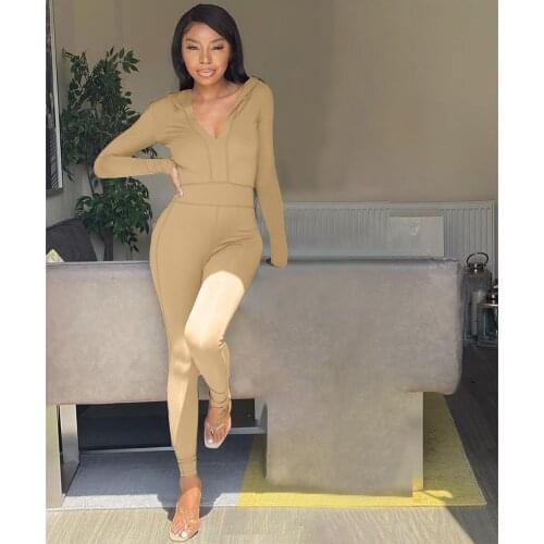 Casual Sports wear Fitness Solid Rompers Womens Jumpsuit Sexy V Neck Hooded Top Leggings Body Jumpsuit Women Overalls Outfits