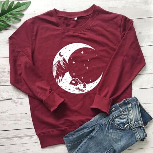 Crescent Moon Camping Sweatshirt Aesthetic Women Long Sleeve Graphic Outdoorsy Adventure Pullover Streetwear