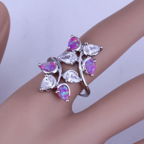 Love Monologue Charm Pink Fire Opal & Cubic Zirconia Ring for Women Silver Color Leaf Shaped Jewelry J0536