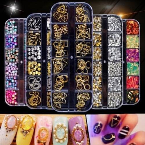 12 Styles Boxes 3D Nail Art Rhinestones Metal Hollow Glitters Crystal Gems Beads Acrylic Sequins Nails Decoration Tips Manicure