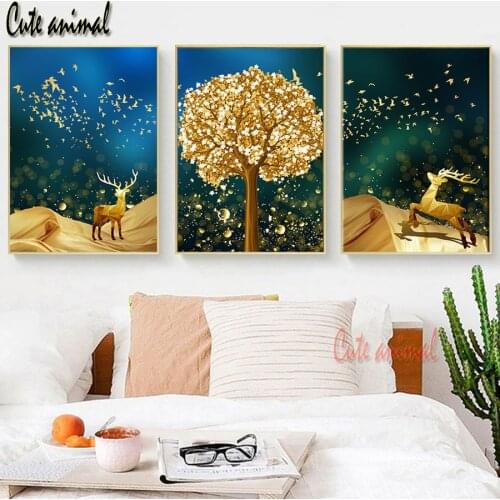 3d round square diamond embroidery Golden Tree Landscape Diy full diamond painting mosaic 3 pcs abstract decoration painting