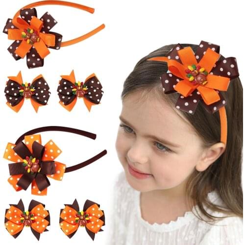 3pcs/pack Thanksgiving Day Hair Bows Kids Girls Ribbon Turkey 1 Hairband+2 Hairclips for Festival Headwear Hair Accessories