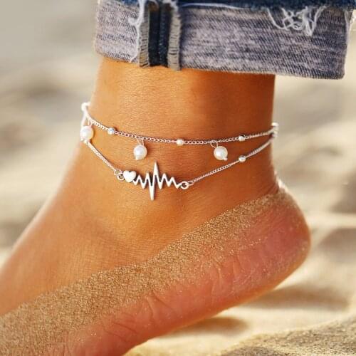 6 Design Fashion Anklets Bracelet for Ankle 2019 Vintage Silver Color Simulation Pearl Heart Beads Anklet Woman Bohemian Jewelry
