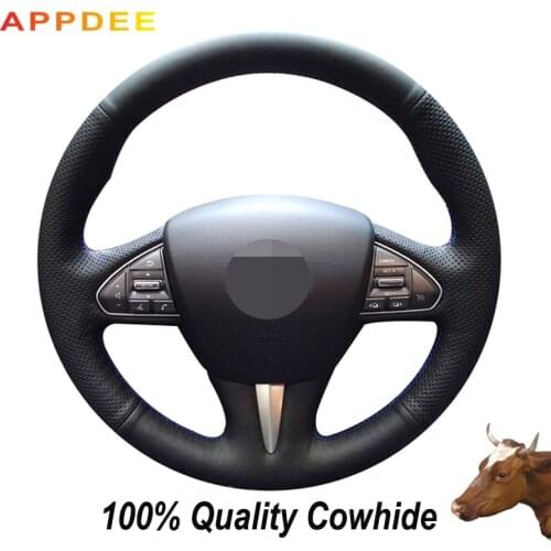 Hand-stitched Black Genuine Leather Steering Wheel Cover for Infiniti Q50 2014 2015 2016 2017 QX50 2015 2016 2017