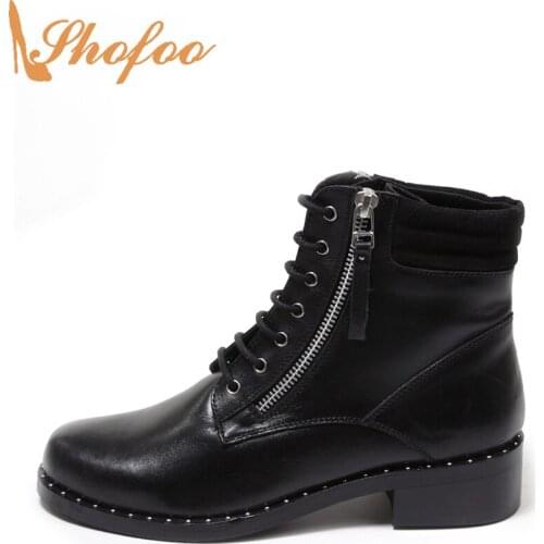 Black Ankle Combat Boots Low Chunky Heels Round Toe Woman Booties Zip Lace Up Large Size 11 15 Ladies Fashion Rivet Shoes Shofoo