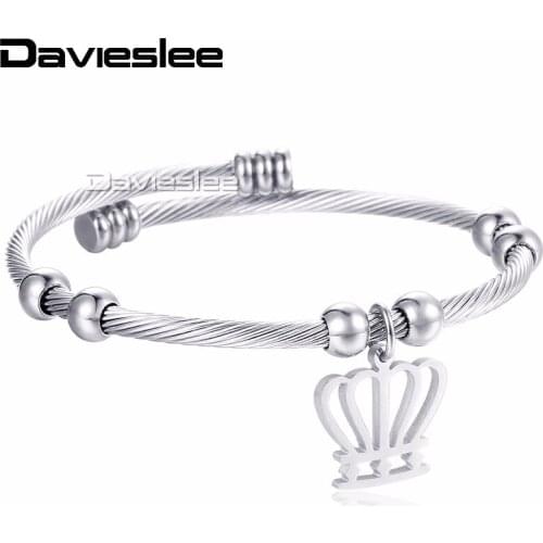 Davieslee Womens Bracelet Bangle Chain Crown Heart Tree Hamsa Hand Charm Stainless Steel Twisted Rope Bead Gold-color LKGM45