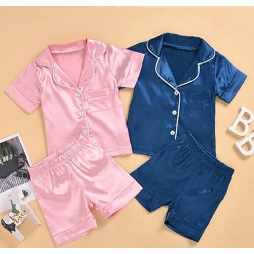 Kids Pyjamas Summer Silk Satin Solid Print Tops Pant Short Sleeve Sleepwear Nightwear Girl Boy Pajama Sets Childrens Pyjamas