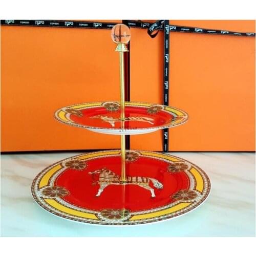 Double layer fruit cake stand plates home decor hand print horse Dishes Bone China