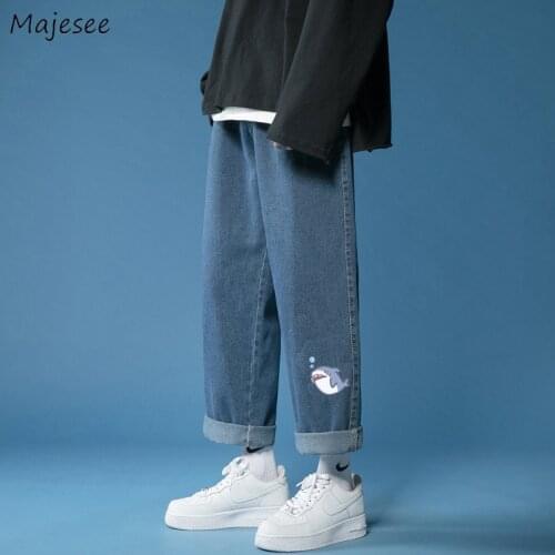 Cartoon Printed Men Jeans Loose Ankle-length Blue Kawaii Thin Trousers Couples Denim All-match Casual Ulzzang Vintage Trousers