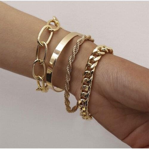 4pcs/set Punk Curb Cuban Chain Bracelets Set for Women Miami Boho Thick Gold Color Charm Bracelets Bangles Fashion Jewelry Gifts