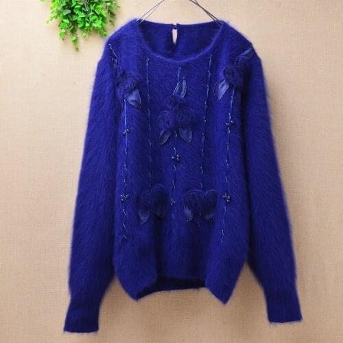 Korea vintage ladies women winter fuzzy angora rabbit fur slim beading and embroidery long sleeve mink knitted pullover sweater