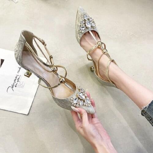 Summer Exquisite Fashion Casual Metal Decoration Rhinestone Ladies Sandals Sexy Temperament Pointed High Heels Wedding Shoes