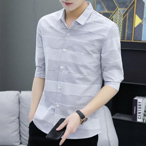 New Fashion Mid Sleeve Shirt Mens Trend Versatile Youth Casual Slim-fit Color Block Top Hot