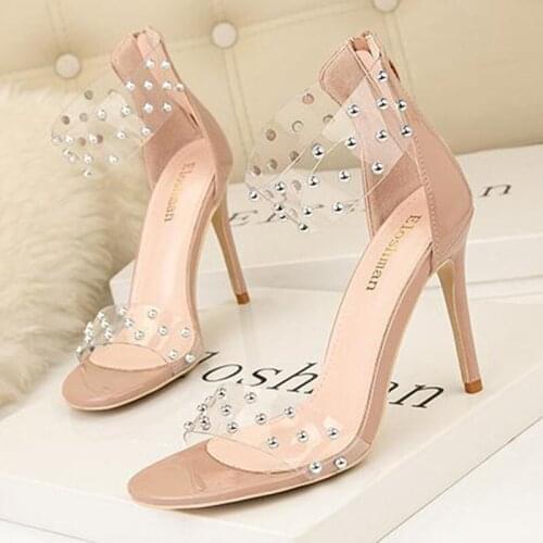 Meriahzheng Sexy Banquet High Heel Womens Shoes Fine High Heel Shallow Mouth Open Toe Rivets Word Women Sandals ZWM
