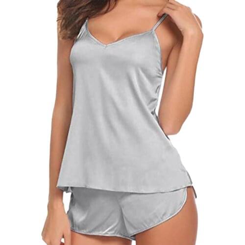 Polyester Pajama Set 2 Piece Solid Color Women Spaghetti Strap V Neck Sleepwear for Sleeping Clothing