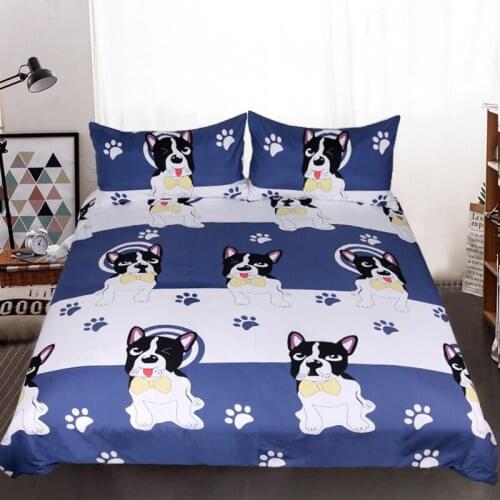 Dog Footprints Duvet Cover Yellow Cute Puppy Blue and White Stripes Comforter Cover with 2 Pillow Bedding Set