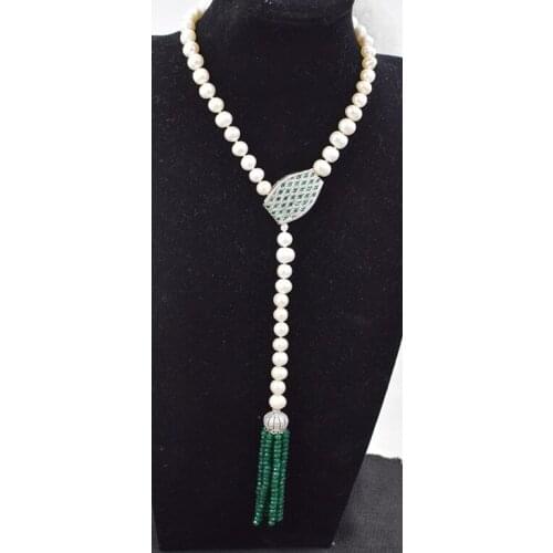 Freshwater pearls white near round 8-9mm and green jade faceted tessel zircon hook necklace 38" nature beads wholesale