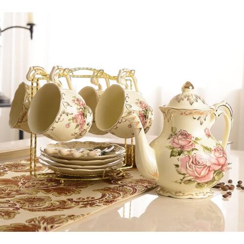 Rose Flowers Bone China Coffee Set British Porcelain Tea Set Ceramic Pot Creamer Sugar Bowl Teatime Teapot Coffee Cup Mug Coffee